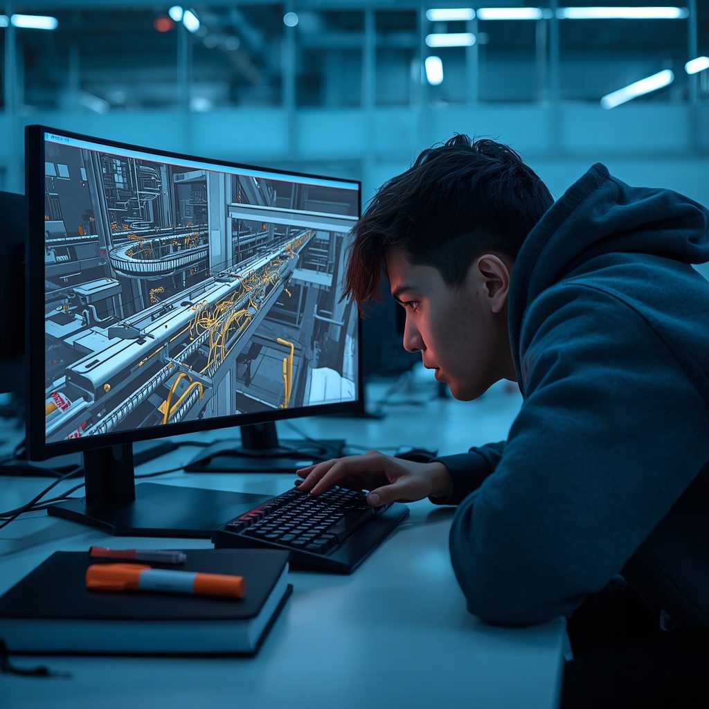 A player leaning into a single curved-monitor station at TILT computer club