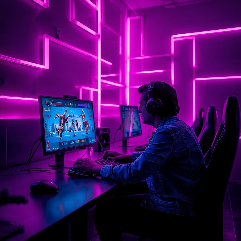 A neon-lit corner station at TILT computer club
